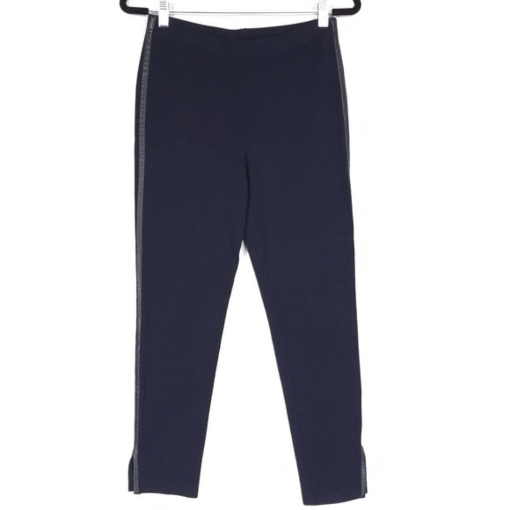 ST. JOHN Pants WOOL Blend Size 6 LEATHER Side TRIM Knitted in USA🇺🇸 Navy Slit